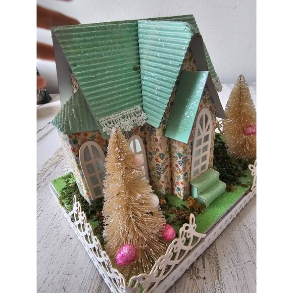 Pier 1 spring mint LED chapel village House Easter light up cardboard rare vinta - Picture 9 of 13